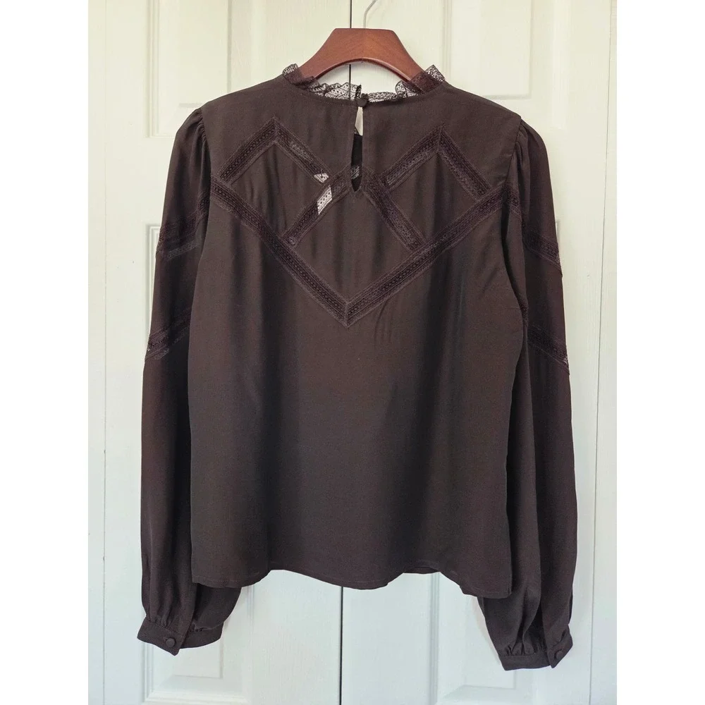 Madewell Lace Inset Mockneck Blouse Lace-Trim Women Small Brown NWT $128 NY351 - Picture 3 of 6